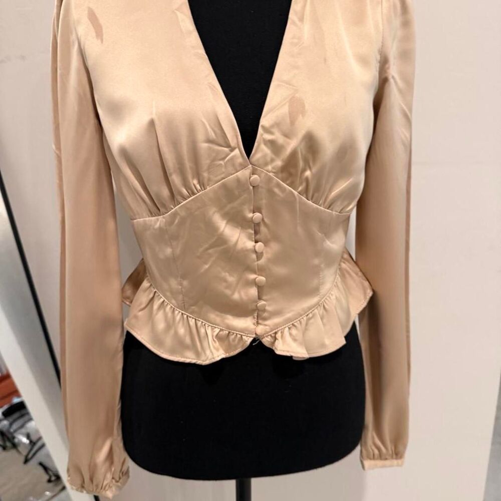 Idem Ditto Corset Peplum Blouse Sand Long Sleeve Button Front Size S